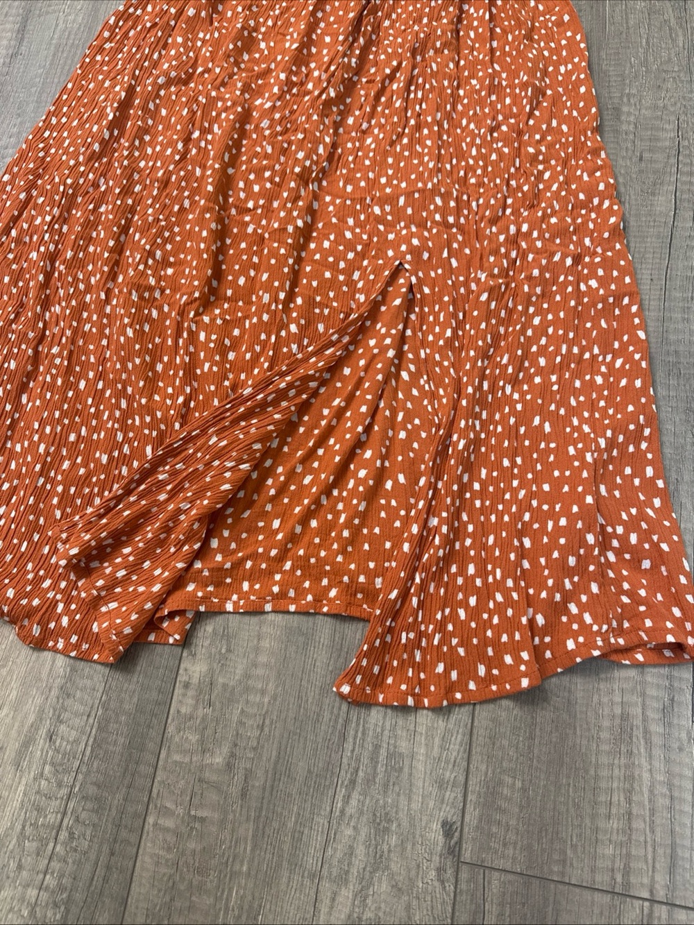 Roxy Rust Orange Dot Smocked Midi Dress - Picture 3 of 5